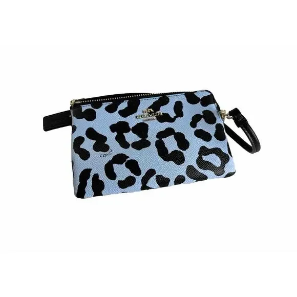 Coach Ocelot Print Grossgrain Leather Corner Zip Wristlet, Blue, Black, 41-15